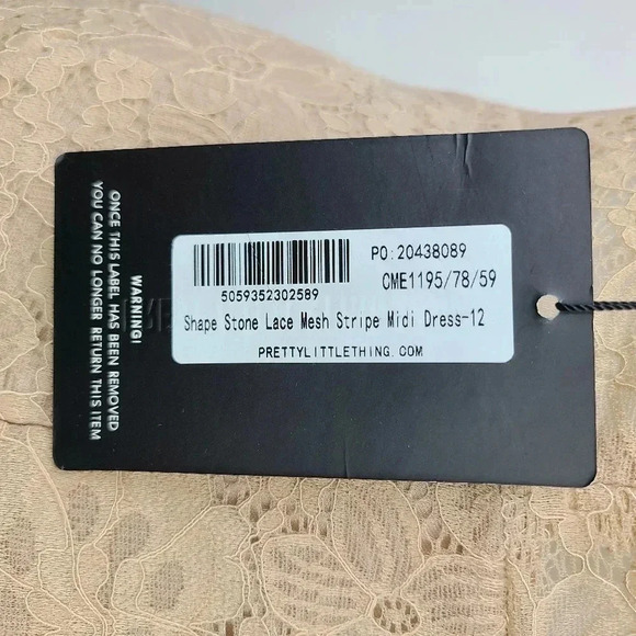 PrettyLittleThing Stone Shape Lace Mesh Stripe Midi Dress Tan Beige Bodycon 8 - Picture 12 of 15
